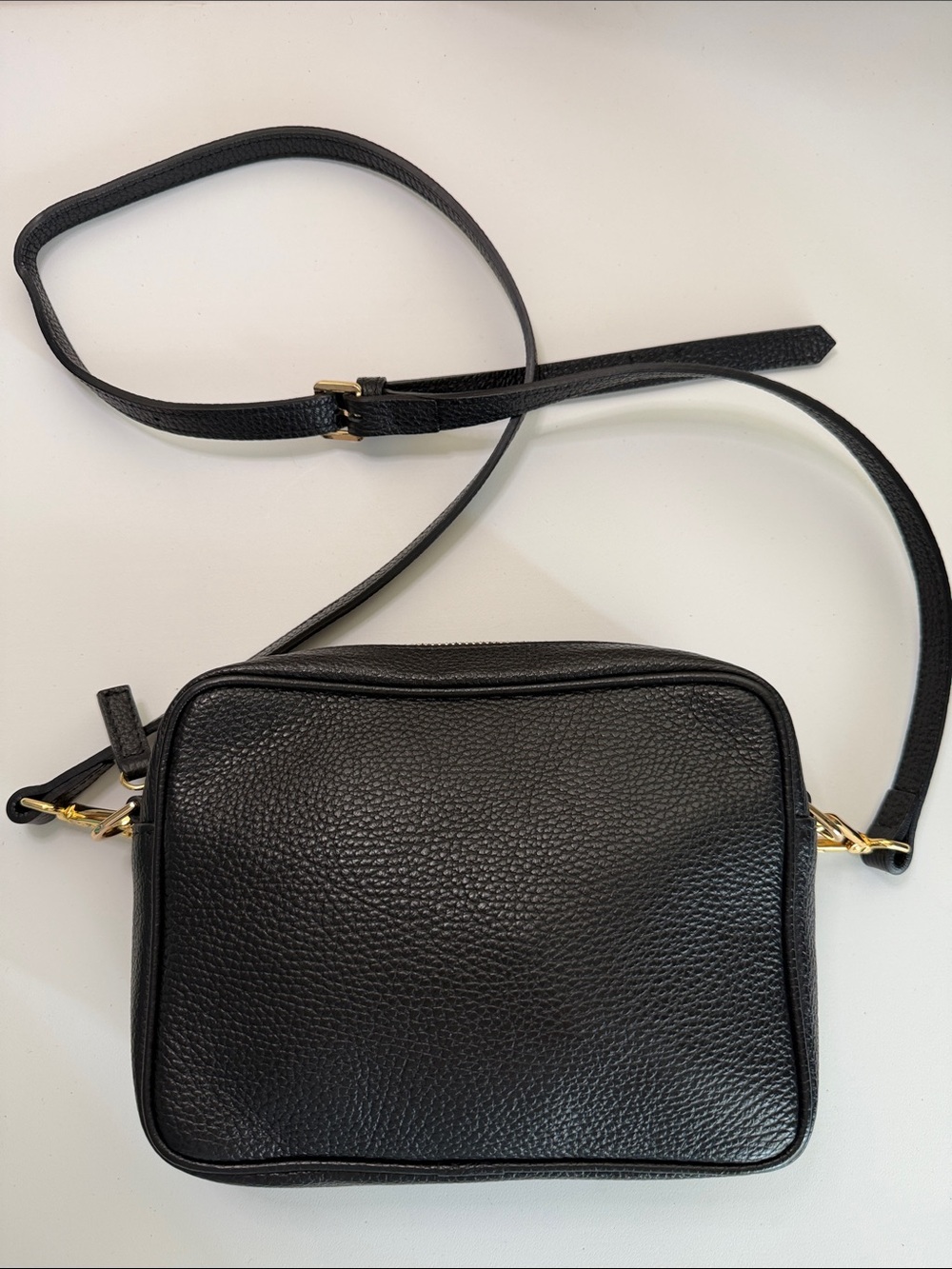 Quince Black Pebbled Leather Crossbody with Gold Hardware Strap